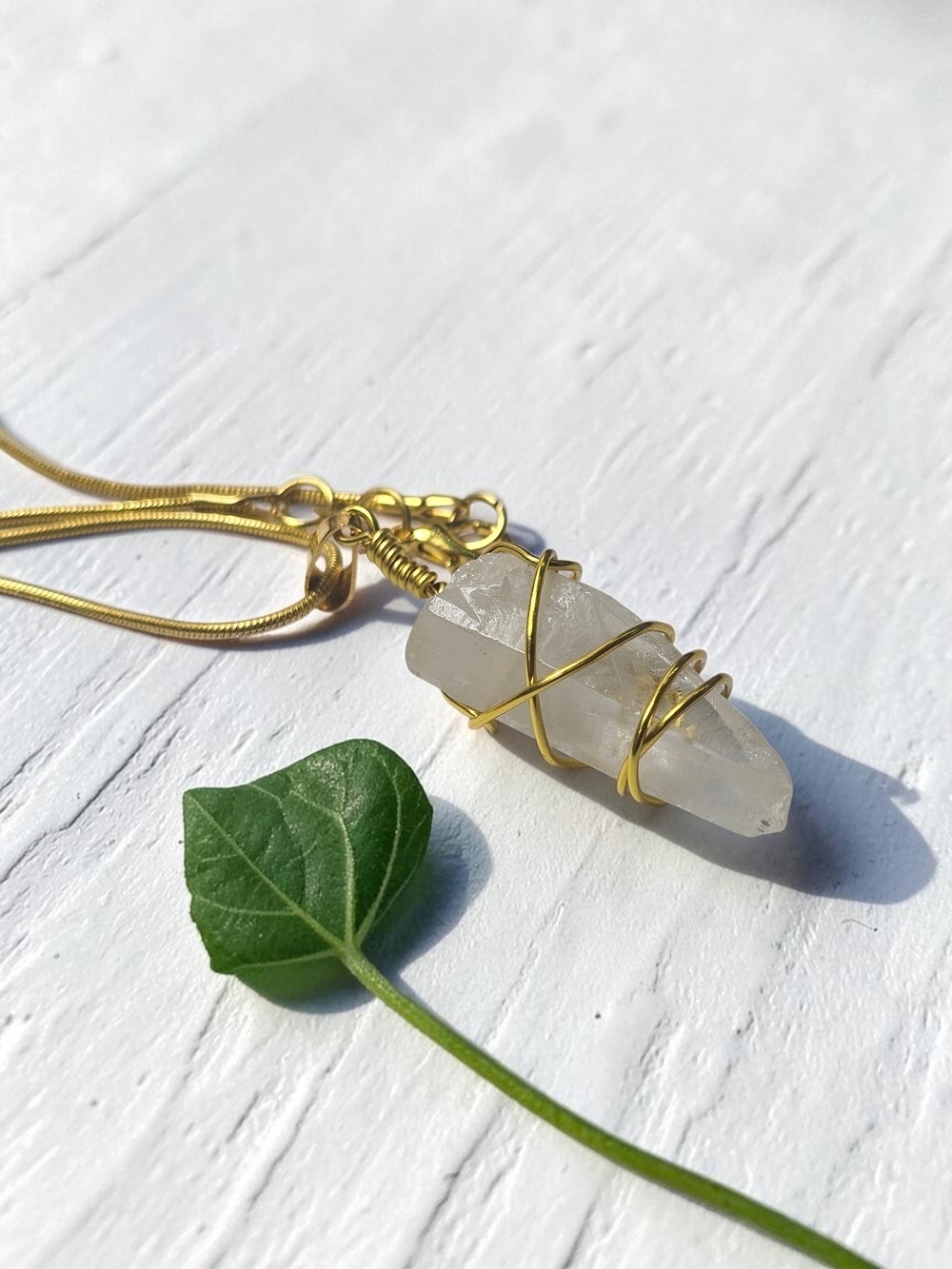 Gold Wrapped Clear Quartz Point Pendant Necklace - Women Jewelry